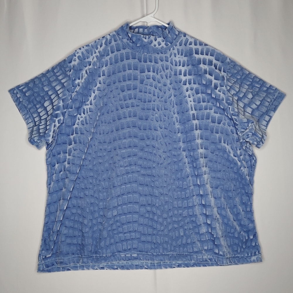 CC Hughes Burnout Velvet Top Women 3X Light Blue Mock Neck Short Sleeve Stretch